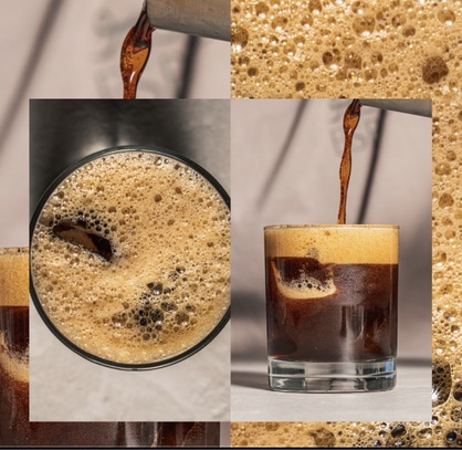 Espresso pouring over ice beside a close-up of golden crema